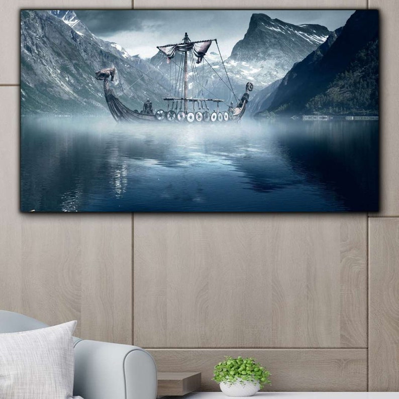 Viking Ship Canvas Print, Viking Ship in Misty Fjord With Snow Capped