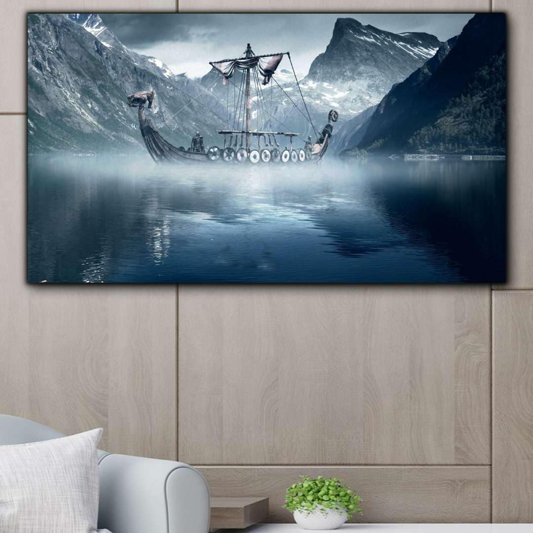 Viking Ship Canvas Print, Viking Ship in Misty Fjord With Snow Capped