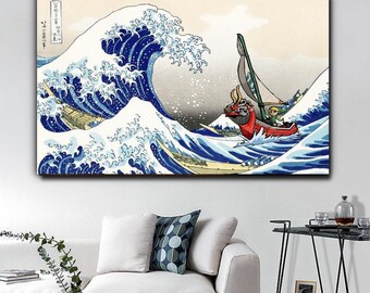 The Legend of Zelda Windwaker With Great Wave off Kanagawa Canvas Print, The Great Wave off Kanagawa Canvas Wall Decor, Japan Wall Art Print