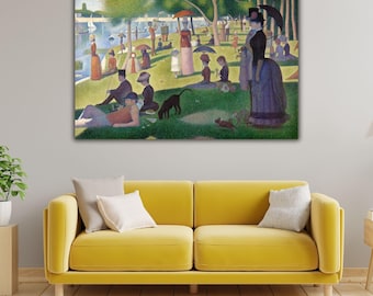 May include: A rectangular wall art print featuring a pointillist painting of a park scene with numerous figures in period clothing, including people with parasols and hats, a black dog, and a river with sailboats in the background.