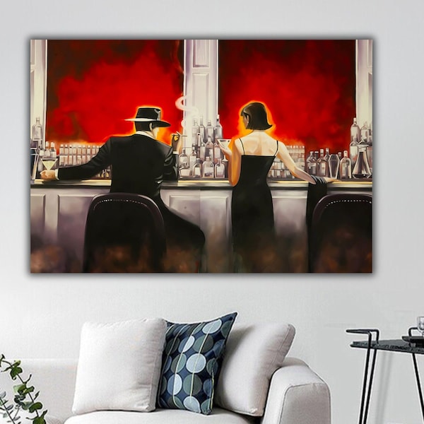 Canvas wanddecoratie voor een avondlounge, Brent Lynch wanddecoratie, canvasprint van een sigarenbar/avondlounge, schilderij van een beroemde man en vrouw, cadeau voor een café/keuken