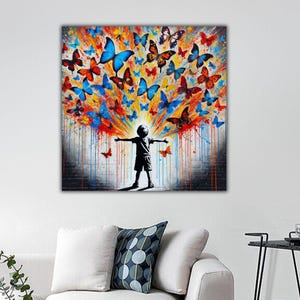 Colorful butterfly child Canvas Wall Art, Banksy Canvas Wall Art, Graffiti Wall Art, Banksy Canvas Home Street art, Banksy Canvas Wall Decor