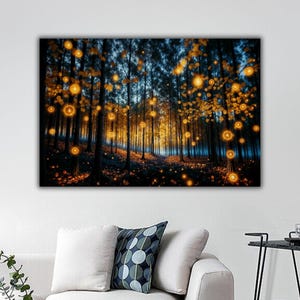 Stampa su tela con cartello mistico di mezzanotte, arte murale con foresta stellata e notte di luna, decorazione per la casa con paesaggio forestale, trittico di foresta con nebbia nebbiosa