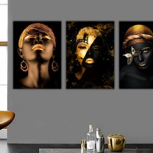 Black & Gold Woman Set Of 3 Wall Art, Black African American Canvas Print, Black and Gold Wall Decor, Gold Lip Woman, Black Woman Painting