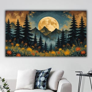 Mystical Midnight Sign Canvas Print, Moon Night Starry Forest Wall Art, Forest Landscape Home Decor, Misty Fog forest Triptych wall art