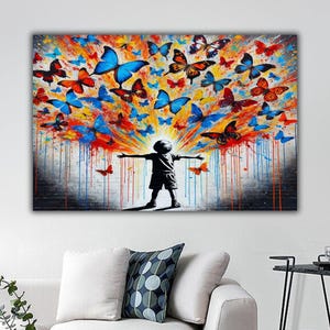 Colorful Butterfly Child Wall Art, Banksy Love Canvas Print, Graffiti Wall Art, Banksy Wall Decor, Bansky Style Print, Street Graffiti Art