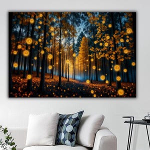 Mystical Midnight Sign Canvas Print, Moon Night Starry Forest Wall Art, Forest Landscape Home Decor, Misty Fog forest Triptych wall art