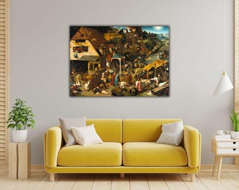 May include: A rectangular wall art print featuring a detailed oil painting of a busy village scene with numerous figures, rustic buildings, and a landscape background, displayed in a horizontal orientation with a dark, multi-colored palette.