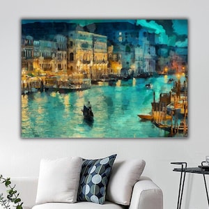 Venice Canals At Night Canvas Print, Venice Canals Wall Decor, Venice Print Art, Italy Gondola Venetian Lagoon Art, Oil Painting On Canvas