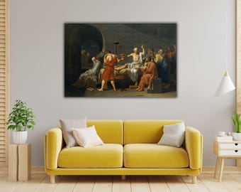 May include: A rectangular wall art print depicting the Death of Socrates, featuring a central figure in a white robe gesturing upward while surrounded by a group of men in draped garments of red, blue, and brown tones within a stone chamber.