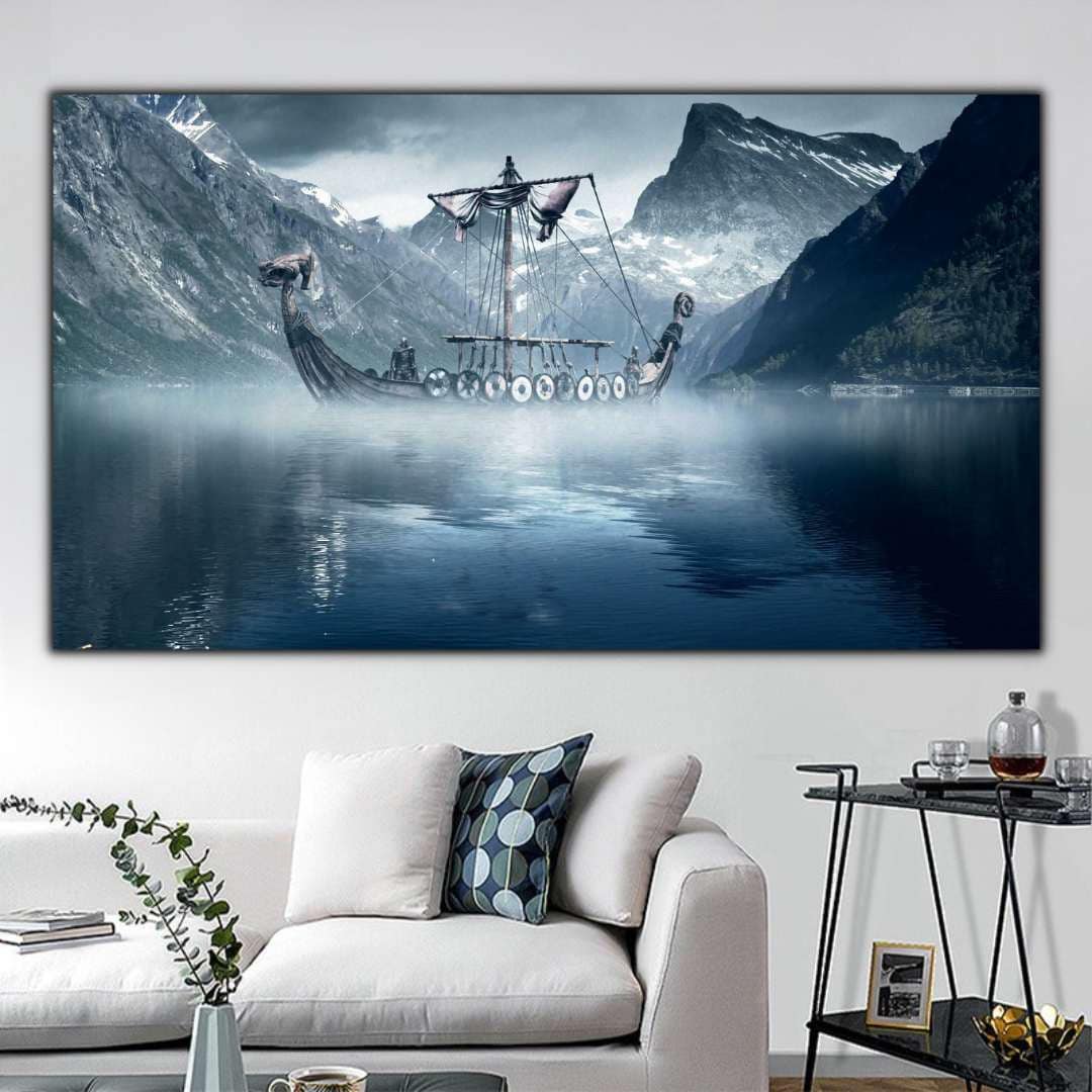 Viking Ship Canvas Print, Viking Ship in Misty Fjord With Snow Capped