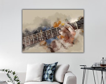 May include: A watercolor painting of a hand playing an acoustic guitar. The guitar is painted in shades of brown and the hand is painted in shades of brown and orange. The background is a soft beige color.