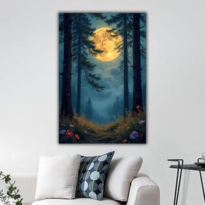 Arte murale della foresta stellata della notte di luna, stampa su tela del segno mistico di mezzanotte, decorazione della casa del paesaggio della foresta, arte murale del trittico della foresta di nebbia nebbiosa