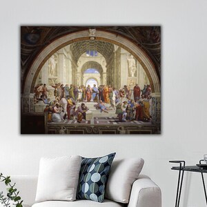 Stampa su tela La scuola di Atene, Raffaello Sanzio da Urbino, decorazione murale con dipinto di Raffaello, Platone, Aristotele, Socrate