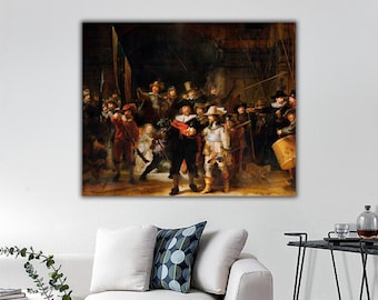 May include: A rectangular canvas print featuring Rembrandt's The Night Watch, a large-scale oil painting depicting a group of figures in 17th-century attire, including soldiers in dark coats, red sashes, and hats, set against a dark, shadowed background.