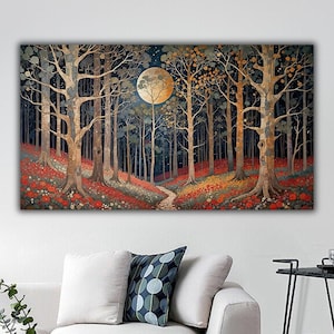Moon Night Starry Forest Wall Art, Mystical Midnight Sign Canvas Print, Forest Landscape Home Decor, Misty Fog forest Triptych wall art