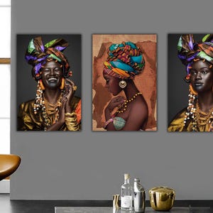 African Woman Set Of 3 Wall Art, Black &Gold African Woman Canvas Print, Black and Gold Wall Decor, Gold Lip Woman, Black Woman Painting