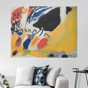Könnte beinhalten: Ein abstraktes Gemälde mit einer lebendigen Komposition aus gelben, roten, blauen und schwarzen Pinselstrichen. Das Kunstwerk zeigt verschiedene organische Formen, geschwungene Linien und kräftige Farbblöcke auf einer hellen Leinwand.