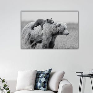 Black And White Mamma Bear With Cub Wall Art, Mamma Bear With Cub Canvas Print, Rustic wall art, Black white Animal Print, Baby Bear Print
