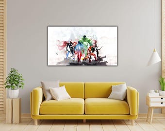 Impresión en lienzo de Los Vengadores, arte mural de héroes, decoración de habitación infantil, arte para sala de juegos, póster de Los Vengadores en acuarela, regalo para niños, decoración de pared para habitación infantil