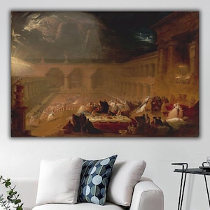 May include: A large, framed painting depicting a classical scene with figures gathered in a grand, colonnaded hall. The artwork features a dramatic sky with a moon and beams of light illuminating the scene. The color palette is dominated by warm, earthy tones.