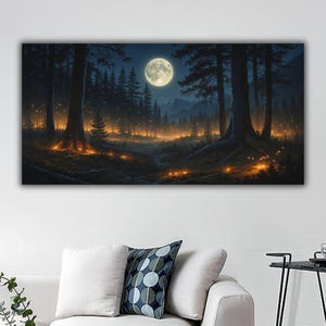 Mystical Midnight Sign Canvas Print, Moon Night Starry Forest Wall Art, Forest Landscape Home Decor, Misty Fog forest Triptych wall art