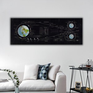 May include: A rectangular black wall art print featuring a detailed technical diagram of a space mission trajectory. The graphic displays a globe of the Earth on the left, orbital paths, and two smaller celestial bodies on the right with text.