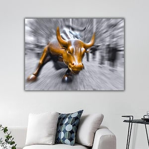 NY City Charging Bull Canvas Print, Charging Bull Wall Art, Wall Street Bull Art, New York City Poster, Bull Bronze Statue Canvas Artwork