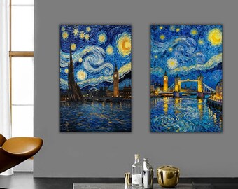 London at Night Canvas Prints Set of 2, Vincent van Gogh Starry Night Style, Abstract Wall Art, Modern Home Decor, Fine Art Reproduction