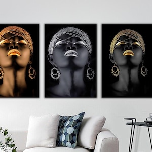 African Woman Set Of 3 Wall Art, Black &Gold African Woman Canvas Print, Black and Gold Wall Decor, Gold Lip Woman, Black Woman Painting