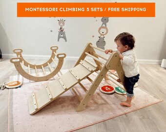 Climbing Frame,Wooden climbing triangle with slide,Climbing arch,Baby children climbing,Rainbow rocker with slide board,wooden arch Triangle