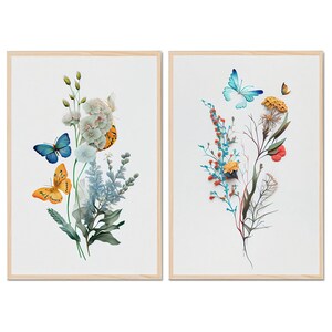 MINIMALIST Digital Prints Set of 2, Flowers & Butterflies, Downloadable Art Print, Minimalist Wall Art 8 Sizes