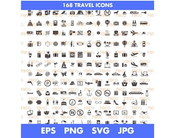 Travel Icon Set SVG, EPS, PNG, Jpg, 168 Travel Icons set bundle, Vector Cricut Silhouette Files