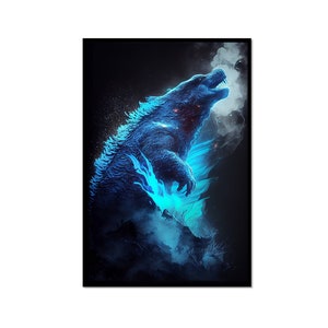 Godzilla gloeiende blauwe bliksem print//COOL GODZILLA GRAPHICS//, kleurrijke Godzilla gloeiende kunst, afdrukbare poster 8 maten