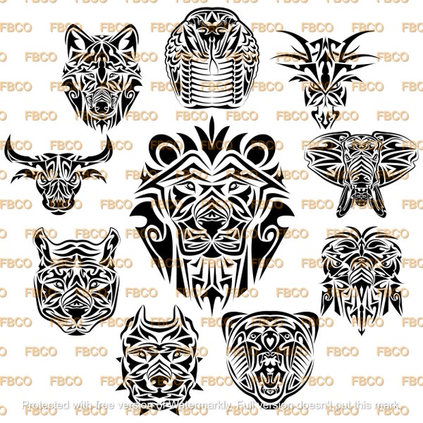 Tatouages tribaux fantaisie SVG, EPS, PNG, Jpg, Tigre Tribal, Lion, Tatouages animaux, Fichiers Silhouette vecteur Cricut