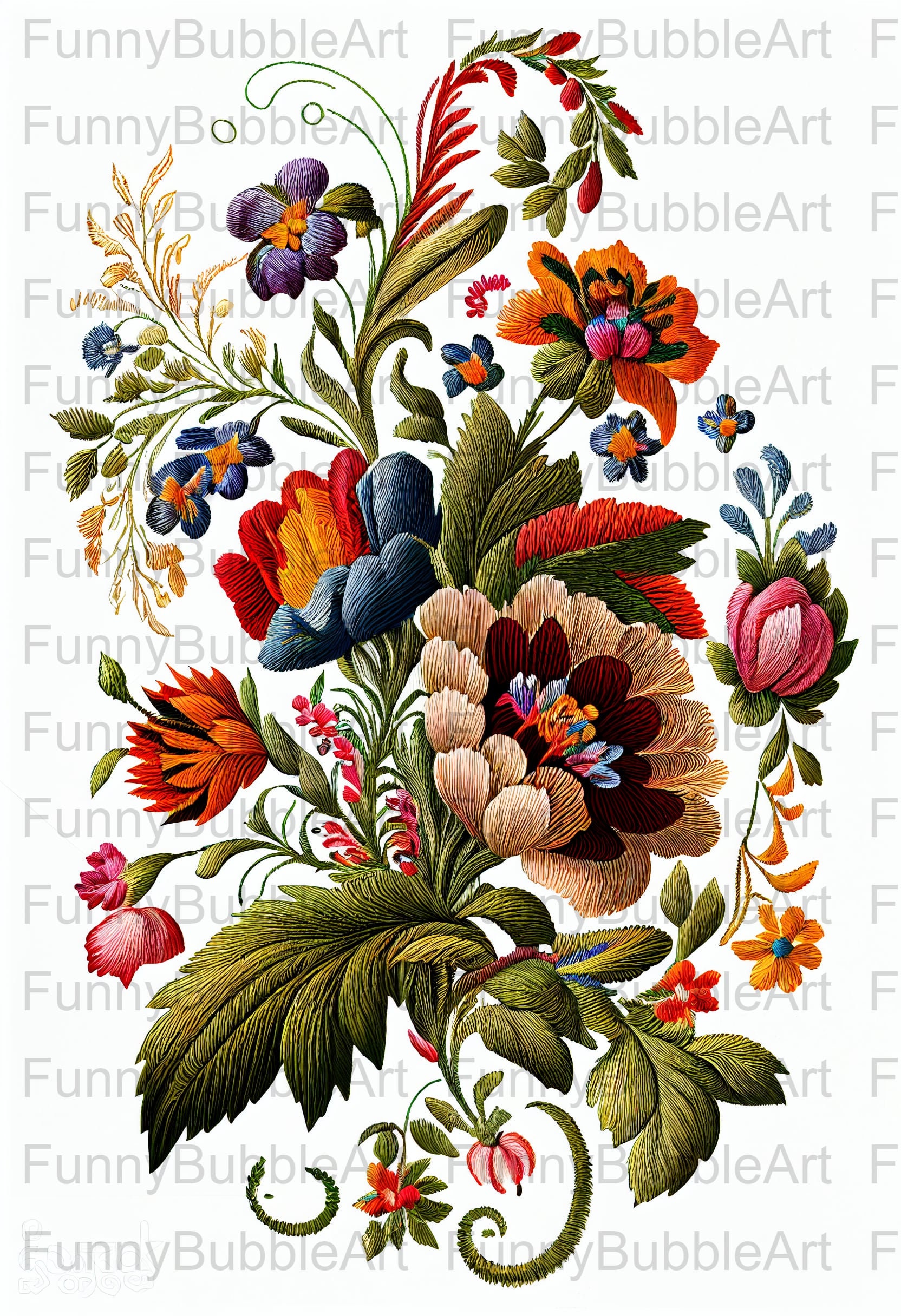 European Style Pretty Embroidery Art Flowers Plants PNG, Transparent Background, Clipart