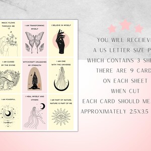 May include: Nine printable cards with inspirational quotes and illustrations. Each card features a black and white illustration of a woman, butterfly, hand, moon, or sun. The cards are designed to be cut out and used as affirmations or reminders. The cards are printed on three sheets of US letter size paper.