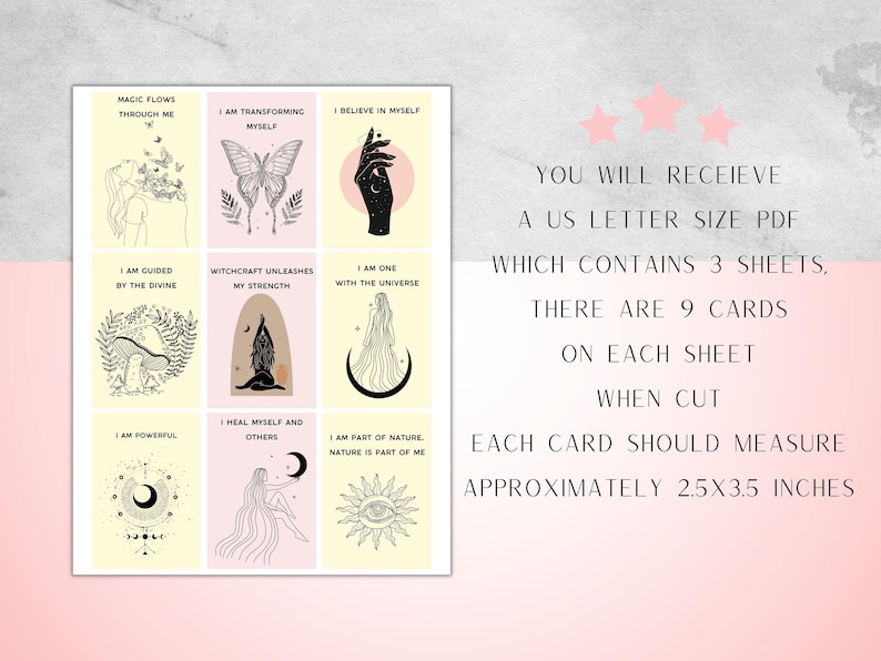May include: Nine printable cards with inspirational quotes and illustrations. Each card features a black and white illustration of a woman, butterfly, hand, moon, or sun. The cards are designed to be cut out and used as affirmations or reminders. The cards are printed on three sheets of US letter size paper.