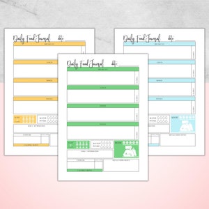 May include: Three daily food journal printables with colorful sections for meals, water intake, and mood tracking. Each journal has the text "Daily Food Journal" at the top, with sections for breakfast, lunch, dinner, and snacks.