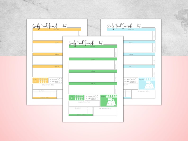 May include: Three daily food journal printables with colorful sections for meals, water intake, and mood tracking. Each journal has the text "Daily Food Journal" at the top, with sections for breakfast, lunch, dinner, and snacks.