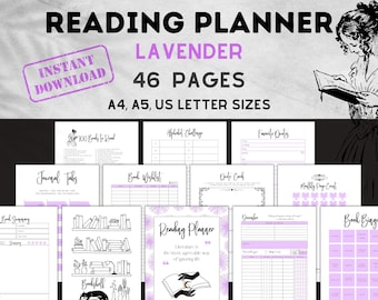 Puede incluir: Un planificador de lectura imprimible en lavanda con 46 páginas. El planificador incluye páginas para hacer un seguimiento de los libros leídos, una lista de deseos de libros, citas favoritas, recuentos de páginas mensuales y un bingo de libros. El planificador está disponible en tamaños A4, A5 y carta de EE. UU.