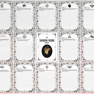 May include: A printable journal with a black and white floral pattern border. The cover features a painting of two women with the text "My Shadow Work Journal".