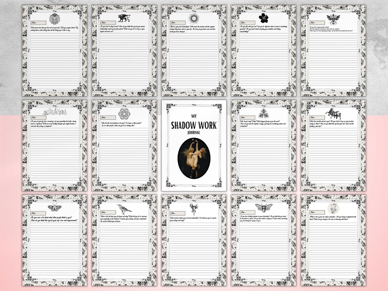 May include: A printable journal with a black and white floral pattern border. The cover features a painting of two women with the text "My Shadow Work Journal".