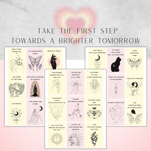 May include: A set of 16 affirmation cards with illustrations and text. The cards are pink and yellow with black illustrations and text. The text on the cards includes affirmations such as "I am transforming wholly" and "I believe in myself".