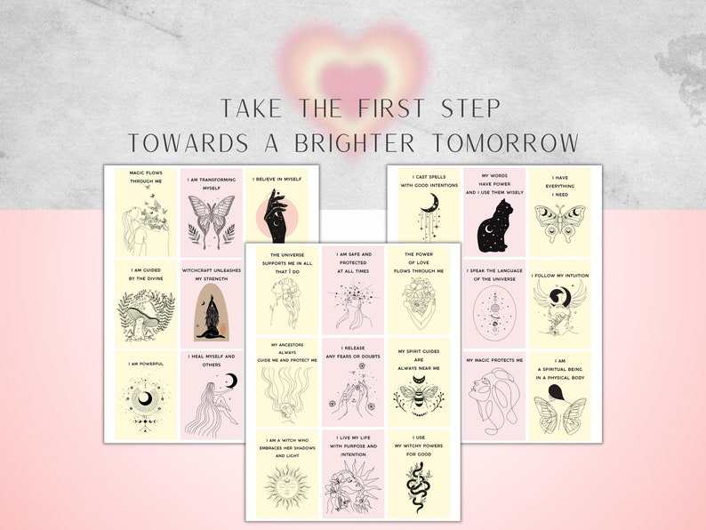 May include: A set of 16 affirmation cards with illustrations and text. The cards are pink and yellow with black illustrations and text. The text on the cards includes affirmations such as "I am transforming wholly" and "I believe in myself".
