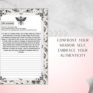 May include: Black and white printable journal page with a moth illustration and the text "Date: 15.03.2023". The page has lines for writing and the text "Confront your shadow self, embrace your authenticity".