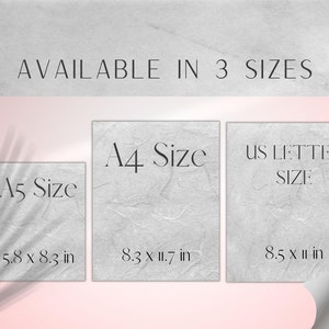 May include: Image showing three paper sizes: A5 (5.8 x 8.3 in), A4 (8.3 x 11.7 in), and US Letter (8.5 x 11 in). The text "AVAILABLE IN 3 SIZES" is at the top. The paper has a textured, light gray appearance.
