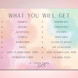 May include: A pink and blue watercolor background with a list of items included in a self-care journal. The list includes prompts, healing, acceptance, express, inspirations, notes, goal planner-short term, affirmation cards, cover pages, shadow-self, forgiveness, patterns, inner-child, letter to myself, life evaluation, goal planner-long term, and coloring pages.