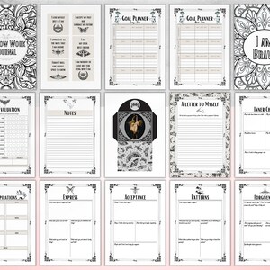 May include: A printable journal with black and white illustrations and text. The pages include prompts for shadow work, goal planning, life evaluation, inner child work, and more.