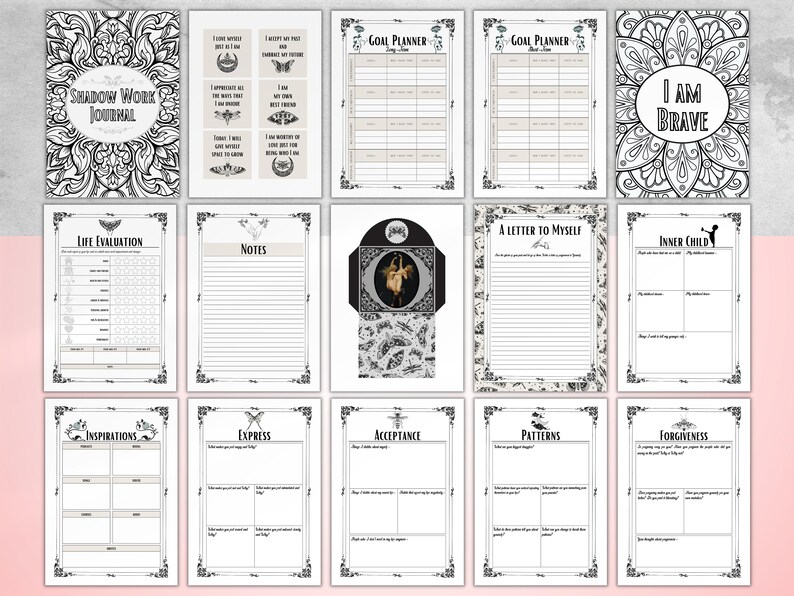May include: A printable journal with black and white illustrations and text. The pages include prompts for shadow work, goal planning, life evaluation, inner child work, and more.